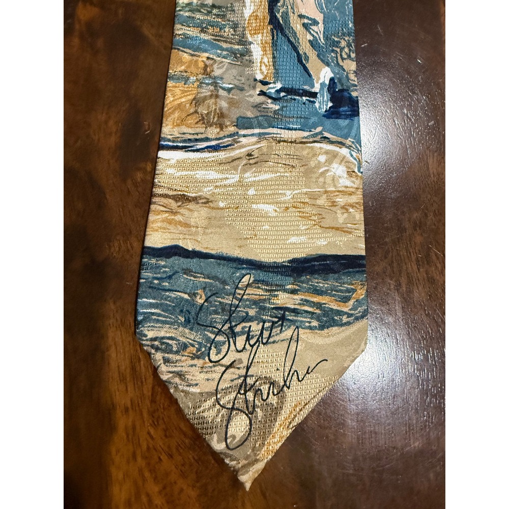 Greg Norman Mens Silk Necktie Tan Blue Impressionist Golf Scenic Signature Tie